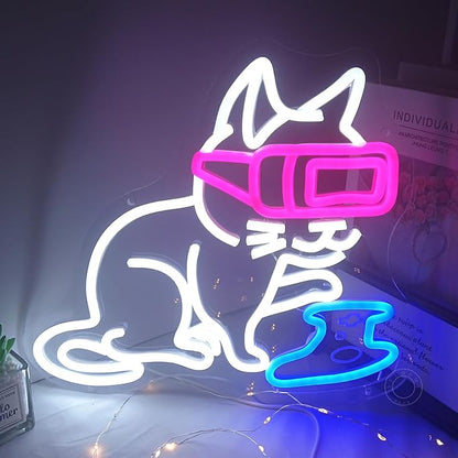 SYLHOME Game Cat Led Neon Light Sign Gamer Controller Pad Bedroom Game Room Bar Pub Man Cave Wall Sign Decor Gamer Teen Birthday Decoration USB 13"X12" Dimmer