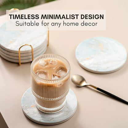 Ceramic Absorbent Coasters Set of 6 with Holder, Marble Drink Coasters for Coffee Table, Water Absorbing Coaster (White)