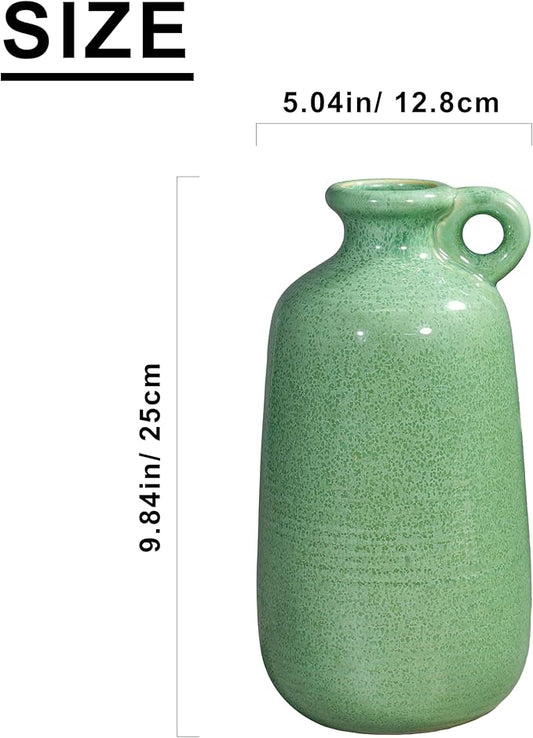 Sunddo Green Ceramic Vase 10 Inch - Modern Decorative Vase with 1 Handle, Table, Shelf Bookshelf, Mantel, Entryway Decor and Centerpieces