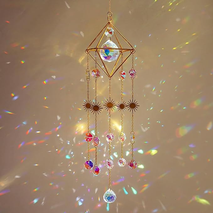 HDCRYSTALGIFTS 17inch Crystal Prisms Suncatcher for Window Hanging Gold-Plated Crystal Sun Catcher Indoor Window Rainbow Maker Home Garden Christmas Tree Decoration