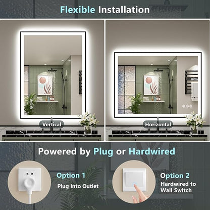 40x36 Black Framed LED Bathroom Mirror with Lights, Backlit + Front Lit, Anti-Fog Lighted Vanity Mirror for Bathroom Wall with 3 Colors, Dimmable, Memory, Tempered Glass, Horizontal/Vertical