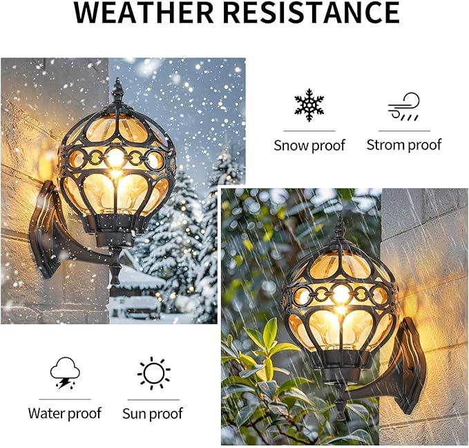 Outdoor Wall Lights, Black Globe Porch Light, Spherical Aluminum Exterior Lighting Fixtures for Patio Yard Doorway Garage, Anti-Rust Waterproof Globe Outside House Lantern Wall Mount with Amber Glass