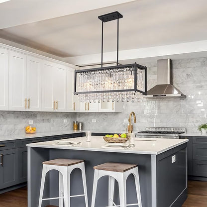 LMQNINE Modern Rectangle Chandelier for Dining Room, Black Crystal Chandelier Linear Light Fixture, Farmhouse Chandeliers for Kitchen Island, Bar Table, L25.98'' x W9.84'' x H8.66''
