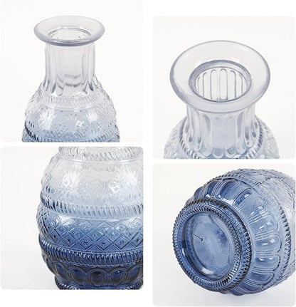 Coastal Blue Glass Bud Vases in Bulk 12, Assorted Embossed Boho Small Flower Vases for Centerpieces, Wedding, Party, Events, Modern Decorative Blue Mini Vase Bottles for Table, Shelves, Home