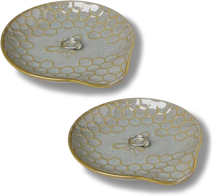 GDCZ Ceramic Jewelry Tray, 5.3" Decorative Dish, Personalized Jewelry Trays Tray with Pattern, Gifts for Friends, Sisters and Women,Set of 2 (Grey)