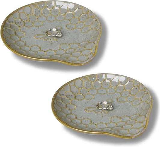 GDCZ Ceramic Jewelry Tray, 5.3" Decorative Dish, Personalized Jewelry Trays Tray with Pattern, Gifts for Friends, Sisters and Women,Set of 2 (Grey)
