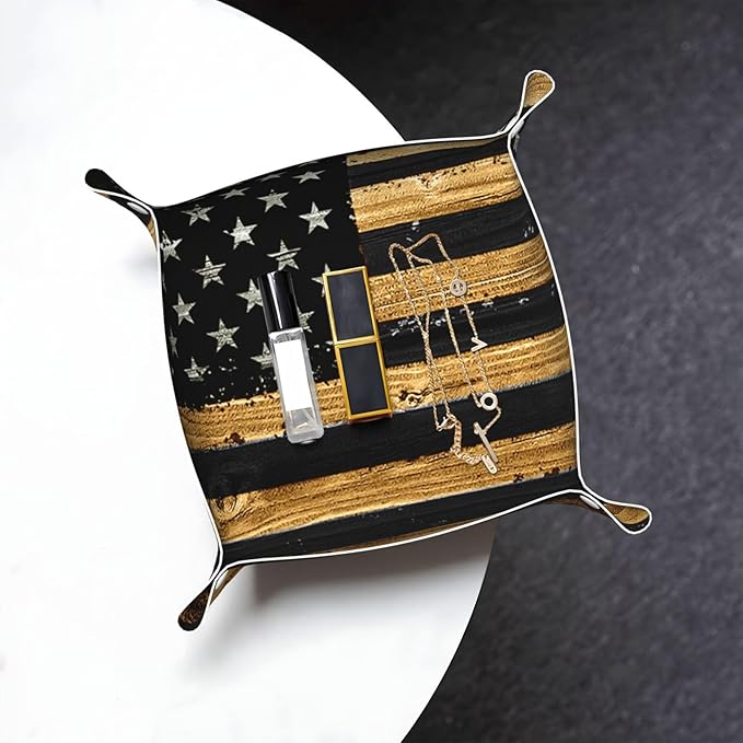 Valet Tray for Men Husband Boyfriend Boys – Catchall Bedside Vanity Tray, Nightstand Caddy Leather Holder for Keys, Phone, Wallet, Coins, Trinkets & Jewelry Wood American Flag 023