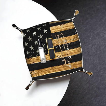 Valet Tray for Men Husband Boyfriend Boys – Catchall Bedside Vanity Tray, Nightstand Caddy Leather Holder for Keys, Phone, Wallet, Coins, Trinkets & Jewelry Wood American Flag 023
