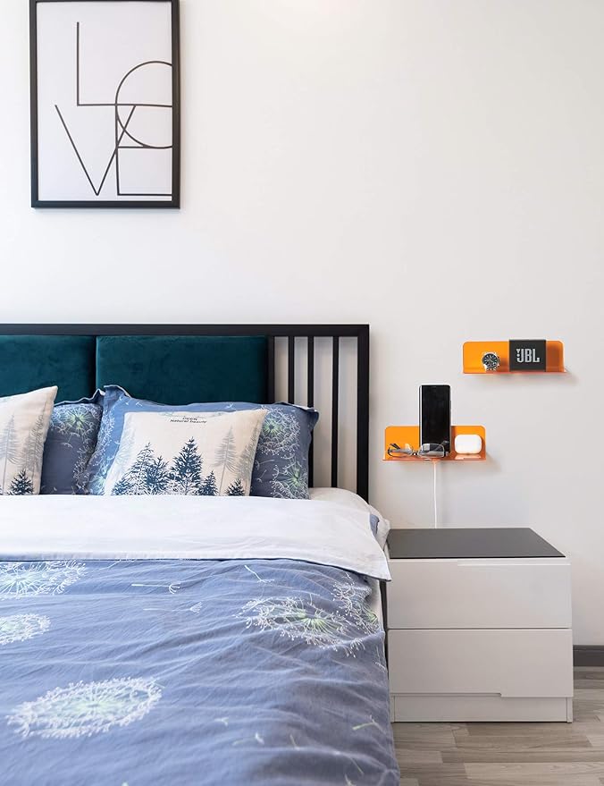 OAPRIRE Small Acrylic Floating Wall Shelves Set of 2, Flexible Use of Wall Space, 9 Inch Adhesive Display Shelf for Security Cameras/Smart Speaker/Action Figures, with Cable Clips - Clear Orange