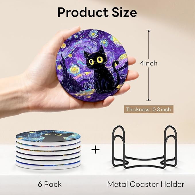 6-Piece Ceramic Coaster Set with Tray Diameter: 3.94 in Thickened Absorbent Material Heat-Resistant and Water-Absorbent Coaster Set Suitable for All Types of Cups， Van Gogh Cats