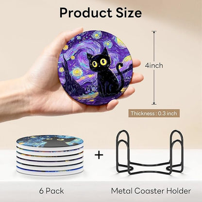 6-Piece Ceramic Coaster Set with Tray Diameter: 3.94 in Thickened Absorbent Material Heat-Resistant and Water-Absorbent Coaster Set Suitable for All Types of Cups， Van Gogh Cats