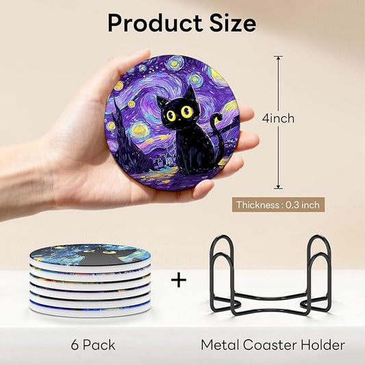 6-Piece Ceramic Coaster Set with Tray Diameter: 3.94 in Thickened Absorbent Material Heat-Resistant and Water-Absorbent Coaster Set Suitable for All Types of Cups， Van Gogh Cats