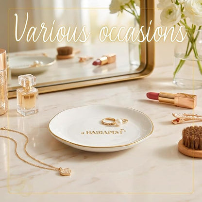 InnoBeta Hair Stylist Gifts, Hairdresser Gifts for Women, Ceramic Jewelry Tray, Decorative Trinket Dish for Rings Earrings Necklaces Bracelet Watch Keys, 4.75", White Surface Gold