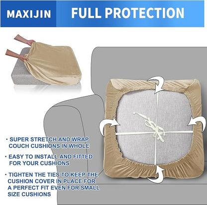 MAXIJIN Velvet Stretch Cushion Cover Fitted Couch Cushion Slipcovers 1 Pack Arm Chair Seat Cushion Cover for Individual Cushion Sofa Chair with Elastic Bottom (Chair Cushion, Camel)