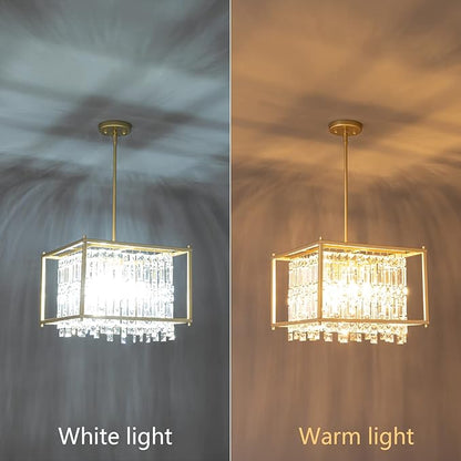 LMQNINE Modern Foyer Chandelier, Gold Crystal Chandelier Entryway Pendant Light Fixture, Square Adjustable Height Chandeliers for Kitchen Island, L15.74'' x H9.84''