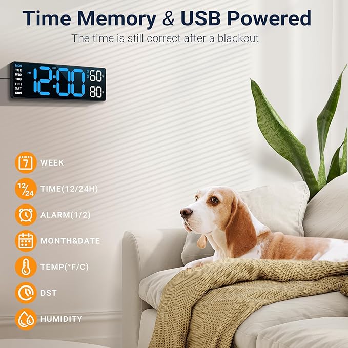 10" Digital Wall Clock: Dual Alarm Wall Mount Decor Clock for Living Room Classroom Office Desk, House Warming Gifts New Home Decor, Christmas Gift for Mom Dad Seniors Teen Blue