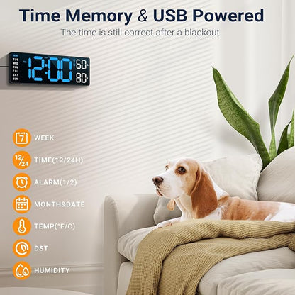 10" Digital Wall Clock: Dual Alarm Wall Mount Decor Clock for Living Room Classroom Office Desk, House Warming Gifts New Home Decor, Christmas Gift for Mom Dad Seniors Teen Blue