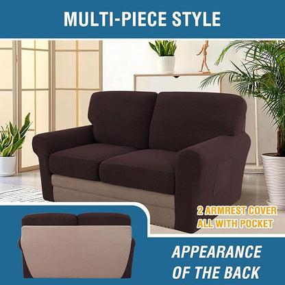 H.VERSAILTEX Multi-Pieces Sofa Covers Stretch Couch Covers Form Fitted Seats and Back Cushions Covers (2 Seat Covers Plus 2 Back Cusion Covers, Bonus 2 Armrest Covers), Chocolate