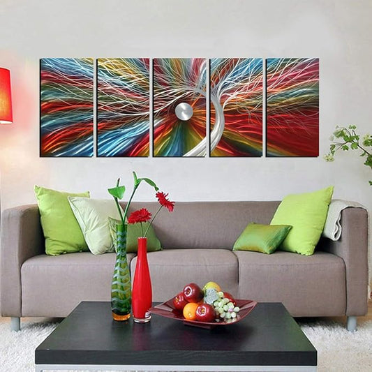 Metal Wall Art with Colorful Fantastic Tree Design, Abstract Modern and Contemporary Décor, Handcrafted Metal Wall Sculpture, Unique Aluminum Artwork, Indoor and Outdoor decoration, 5 panels 64"x24"