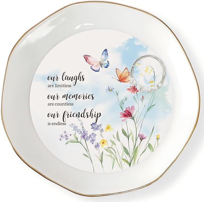 HOME SMILE Friendship Gifts for Women Best Friend Jewelry Ring Dish Tray with Dynamic Butterfly&Flower Pattern Shifts,Our Laughs are Limitless Unique Gifts for Friends Birthday Mother's Day Christmas
