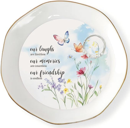 HOME SMILE Friendship Gifts for Women Best Friend Jewelry Ring Dish Tray with Dynamic Butterfly&Flower Pattern Shifts,Our Laughs are Limitless Unique Gifts for Friends Birthday Mother's Day Christmas