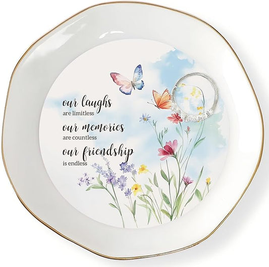 HOME SMILE Friendship Gifts for Women Best Friend Jewelry Ring Dish Tray with Dynamic Butterfly&Flower Pattern Shifts,Our Laughs are Limitless Unique Gifts for Friends Birthday Mother's Day Christmas