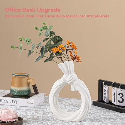 White Ceramic Vase with Knot & Loop Design - 10" Unique Flower Vase for Pampas Grass & Centerpieces, Decorative Boho/Farmhouse Vase for Living Room, Office Desk & Housewarming Gift (for Her/Yourself)