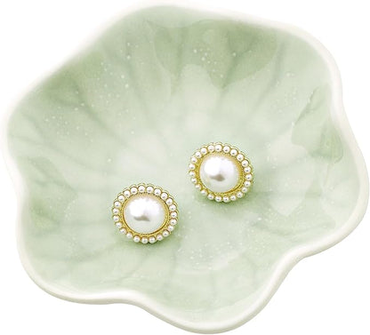 Ceramic Ring Dish, Jewelry Dish Holder, Small Trinket Tray Plate for Earrings Rings Necklaces Keys, for Mom Friend Sister (Green Surface)