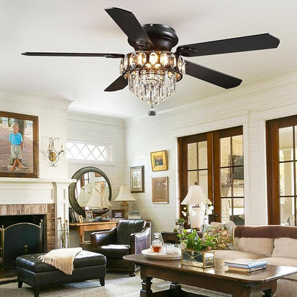 Asyko Crystal Ceiling Fan Fandelier with Lights - 52" Outdoor Fans with Remote Control，Noiseless DC Motor, Retro/Farmhouse Lighting, Dining Room,Living Room