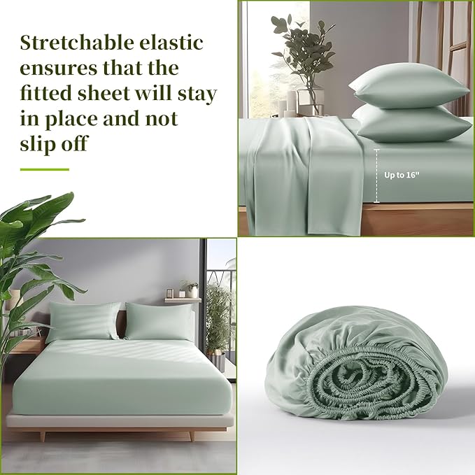 Shilucheng 100% Viscose Derived from Bamboo_ Sheets Queen Size 4pcs - Ultra Cooling & Silky Soft Bed Sheets, 16" Deep Pocket, Perfect for Hot Sleepers, Hotel Bedding Sheets (Sea Glass)