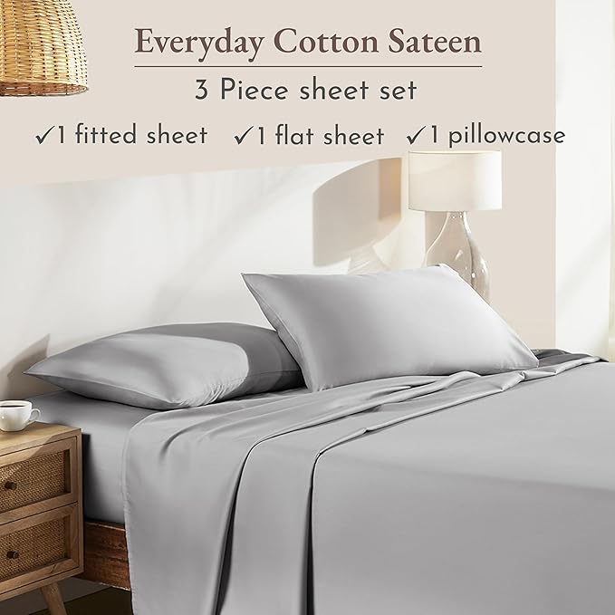 California Design Den Natural 100% Cotton Sheets Twin XL Size Set - Soft Sateen Weave, Twin XL Sheets with Deep Pockets, Breathable and Durable Bedding for Dorm Rooms, College (Light Grey)