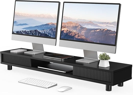 Fenge 42.5" Dual Monitor Stand Riser – 2-Tier Desk Shelf with Storage, Sliding Drawer & Cable Management