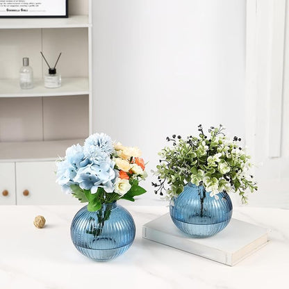 Round Glass Vases, Set of 2 Small Vases for Flowers, Blue Glass Vase for Tulips, Modern Vase for Living Room, Office, Coffee Table, Shelf, Wedding, 5 Inches
