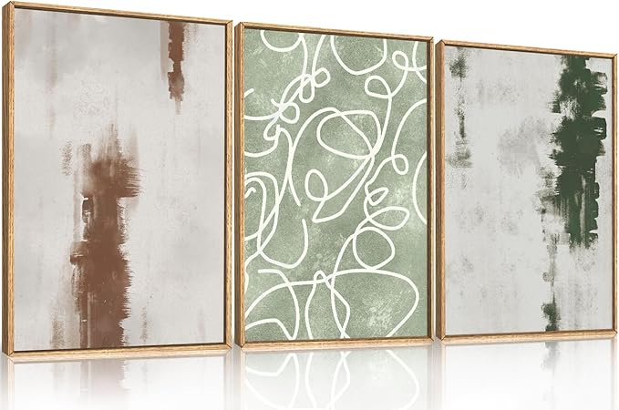 Aryroi Large Abstract Green Brown Geometric Framed Canvas Wall Art Set,Minimalist Neutral Brush Stroke Wall Decor,Modern Watercolor White Curved Lines Artwork For Living Room,Bedroom,Office-16 x24 x3