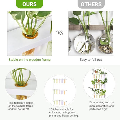 Mkono Plant Propagation Tubes, 3 Tiered Wall Hanging Terrarium with Wooden Stand Test Tube Flower Vase Glass Planter Stations Home Office Decor Plant Lover Gift, White