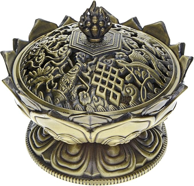 Saim Vintage Lotus Incense Burner Holder,Chinese Buddha Alloy Metal Incense Burner Incense Holder Handmade Censer Bowl Buddhist Decor, Home Decoration-Large-Bronze
