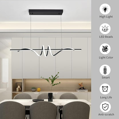Modern LED Pendant Light, 39.37in Black Chandelier Dimmable with Remote & Phone Control,3000K-6000K Adjustable Color Temperature, Aluminum Modern Kitchen Light Fixture for Dining Room