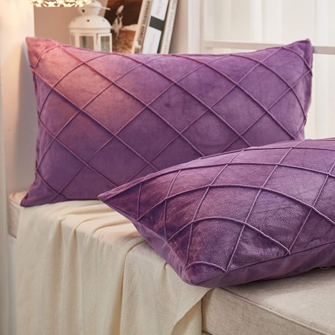 JAUXIO Diamond Pinch Pleated Crystal Velvet Pillowcases 2 Pack Solid Pintuck Throw Cushion Cover for Home Decor Hidden Zipper Closure (Purple, King)