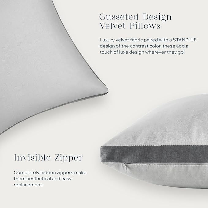 Phantoscope Pack of 2 Velvet Throw Pillow Covers, Decorative Soft Velvet Pillows Accent Double-Sided Gusseted Design, Square Cushion Case for Couch Sofa Bed, Light Grey, 18 x 18 inches 45 x 45 cm