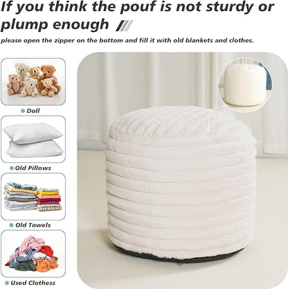 Pouf Ottoman Stuffed Round for Foot Rest, Faux Fur Poufs with Foam Chunk Filling, Storage Ottoman Pouf Foot Stool Cushion, 20 X 15 Inch Floor Chair for Living Room Bedroom Home Decor, Beige