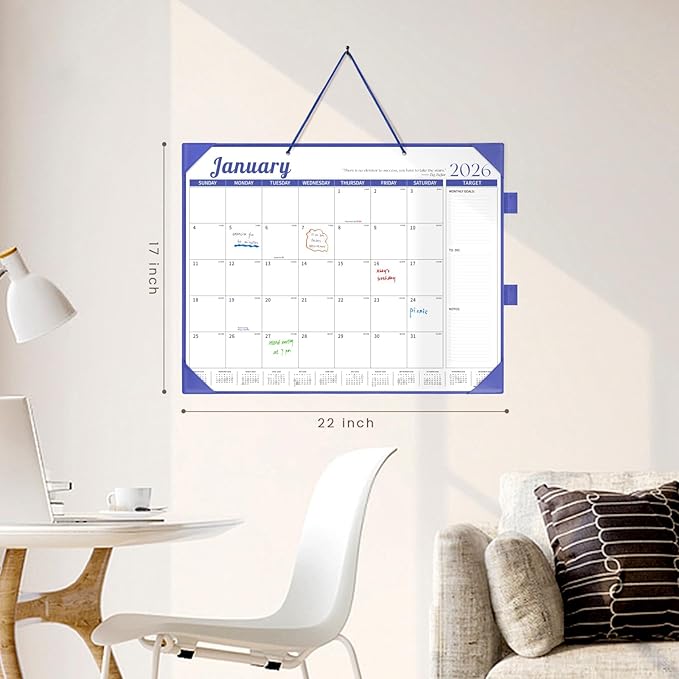 Ospelelf Large Desk Calendar 2026-2027 with PU Leather Pad, 18 Months Planner Pad from January 2026 - June 2027, 22" x 17" Wall Calendar with Protective Cover for Home or Office, Blue