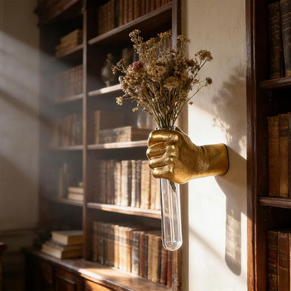 Gold Hand Vase, Wall Mounted Decor - Hanging Statue for Living Rooms & Entrance, Funky Art Sculpture Planter, Esculturas de Pared, Macetas Decorativas, Flower Tubes, Test Tubes for Plants