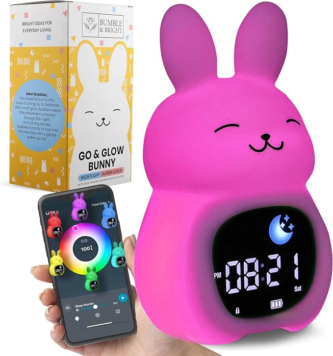 Bumble & Bright App-Controlled Kids Sleep Trainer – Color-Changing Night Light Alarm Clock with Sounds, OK-to-Wake Toddler Clock, USB-C Corded with Backup Battery, Gift for Boys & Girls