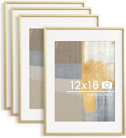 12x16 inch Metal Picture Frame - 12 x 16 Thin Aluminum Photo Frames with 9x12 Removable Mat - High Definition Plexiglass - Vertical and Horizontal Display - Wall Hook Hanging Hardware Included - Gold, Set of 4