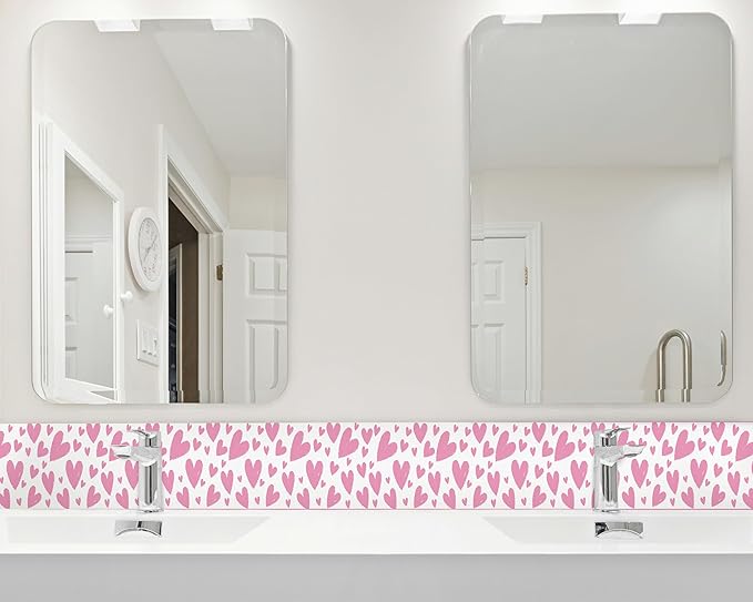 FLFK Pink Heart Wallpaper Border - Peel and Stick Wall Paper, Self Adhesive Removable PVC Borders Sticker, Modern Waterproof Trim for Home Decor, 8" x 240"
