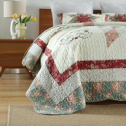 Cotton Bedspread Quilt Bedding Sets, 3 Pieces Reversible Coverlets Comforters Star with Red Floral Real Patchwork Bedspread,Queen Size