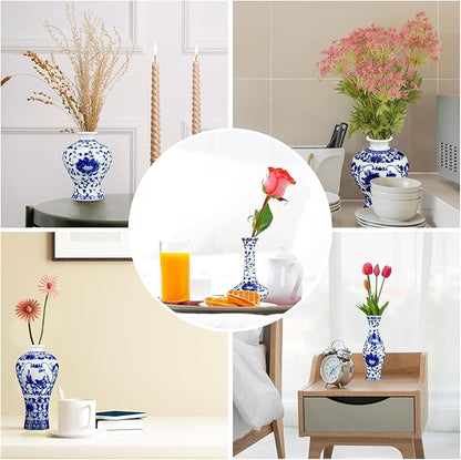 Dandat 8 Pcs Mini Chinoiserie Bud Vases Ceramic Blue and White Floral Chinese Porcelain Vase Set for Shelf Table Centerpieces Home Decor(Rustic)