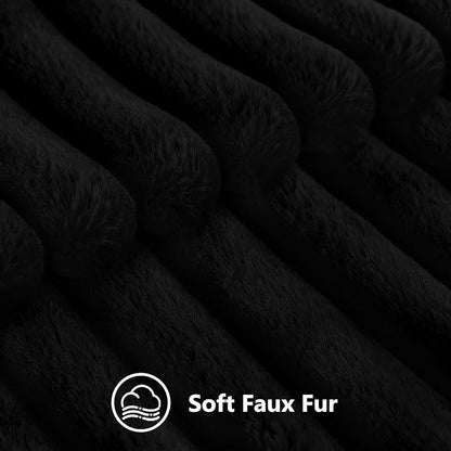 decorUhome Faux Fur Spring Throw Pillow Covers 24x24 Set of 2, Decorative Soft Plush Striped Neutral Couch Euro Sham Pillow Covers with Velvet Back for Sofa, Bed, Living Room Home, Black