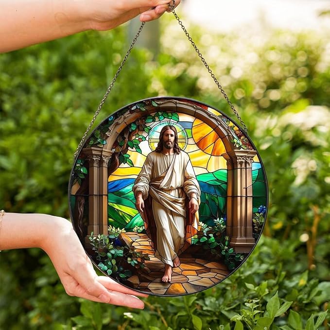 8 Inch Stained Glass Suncatcher for Window Hanging, Christian Stained Glass Windows Hanging Religious Gifts for Women, Sun Catcher for Home Garden Decor, Easter, Faith,Baptism, Memorial