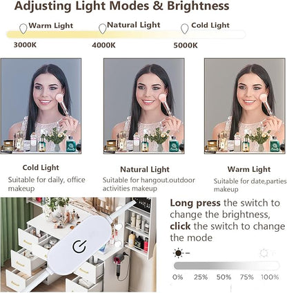 White Makeup Vanity Desk with Lighted Mirror & Power Outlet,3 Color Modes, Brightness Adjustable,Vanity Table with Drawer,Sliding 2 Storage Wall-Mounted Jewelry,4 Shelves for Bedroom